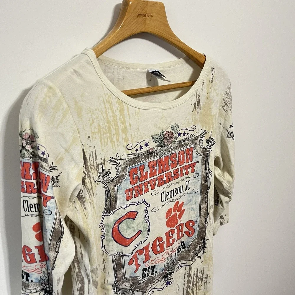 Vintage Clemson University Tiger Shirt Womens Large AOP 90s Mascot Sports Embell - Picture 2 of 5